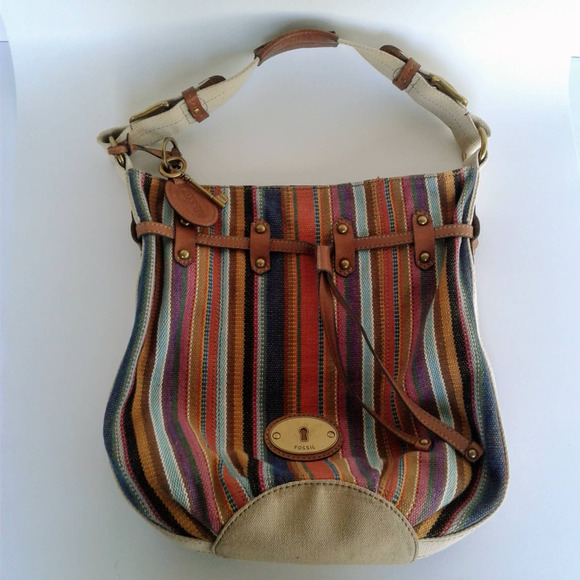 Fossil Handbags - Fossil  Striped Women's Brown Canvas Shoulder Bag Leather Accents Handbag Medium